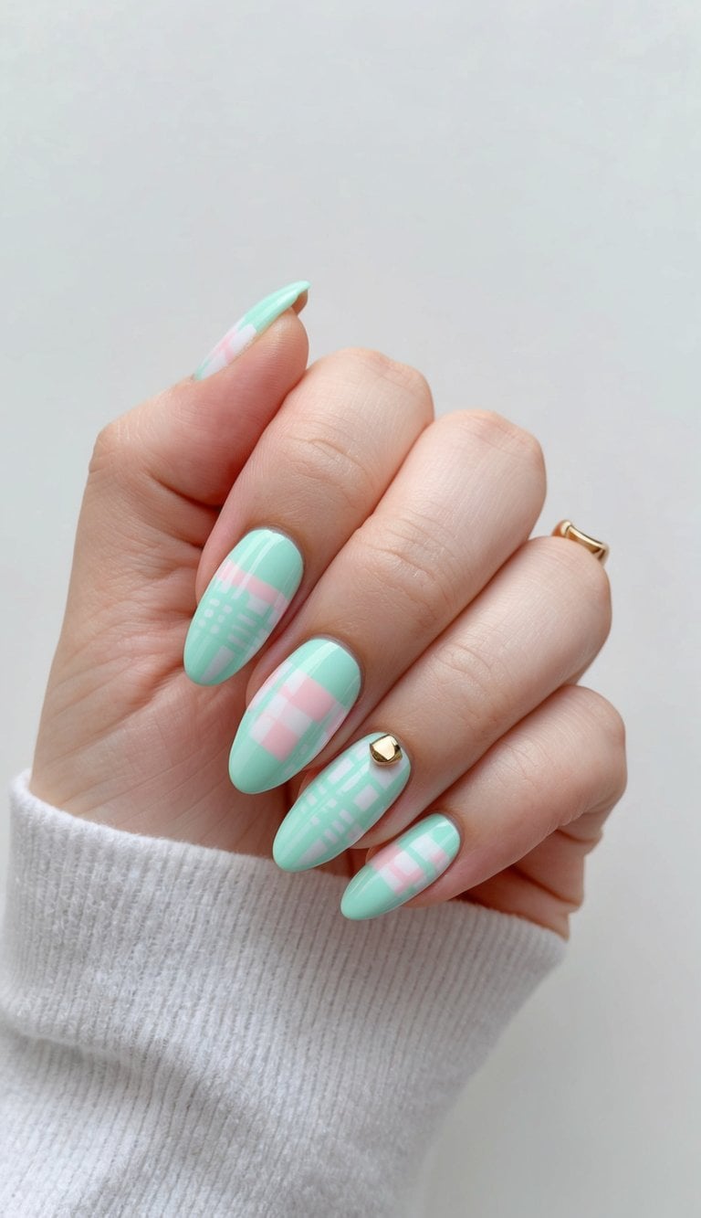 A close-up of pastel mint plaid nails on a clean, white background