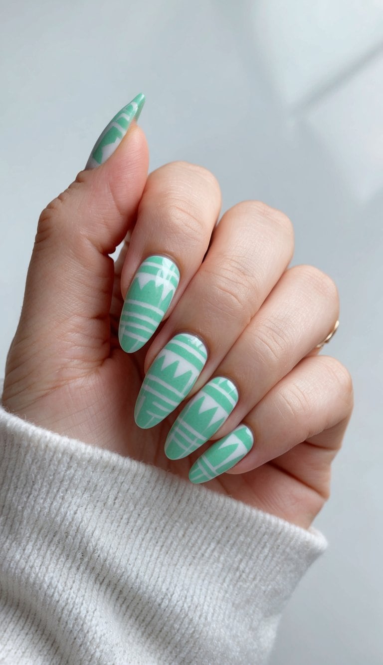 A close-up of mint green Aztec print nail art on a clean, manicured surface