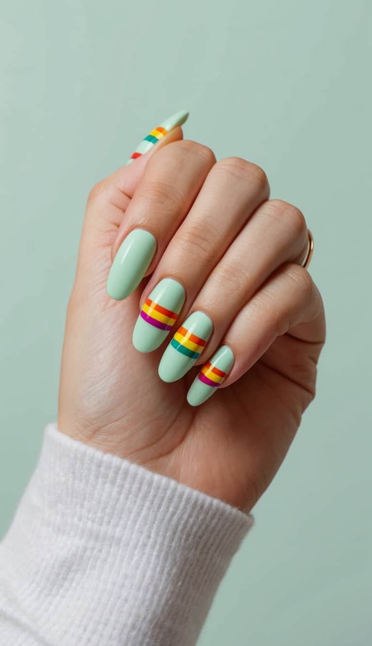 A close-up of mint green nails with rainbow stripes in a fresh and vibrant setting