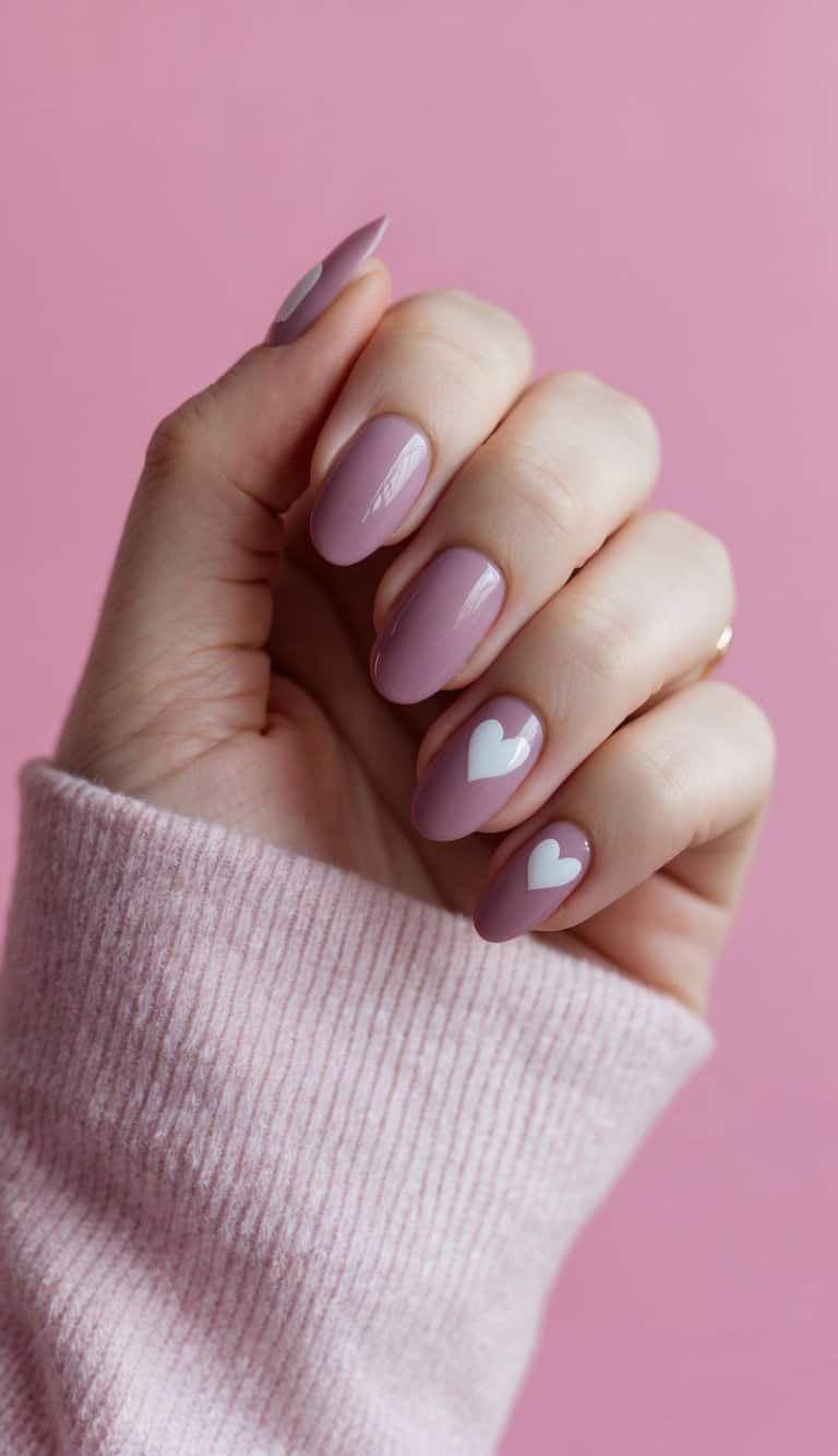 A close-up of mauve nails with heart-shaped designs on a soft pink background