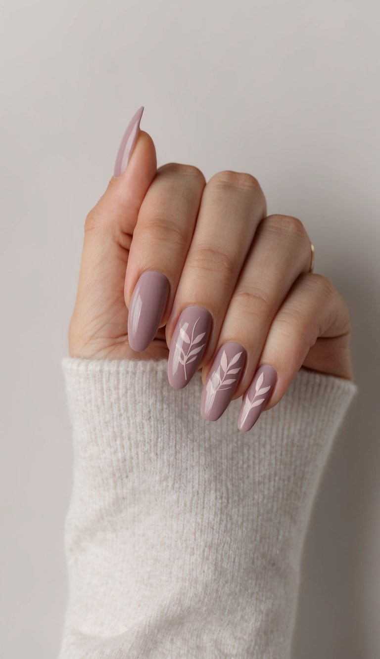 Soft mauve nails with delicate leaf designs on a neutral background