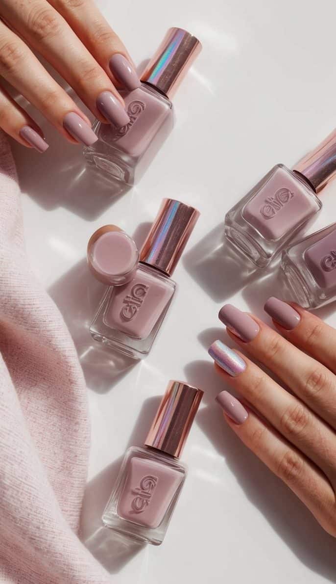 A collection of mauve nail polish bottles arranged on a clean, white surface with soft, dusty pink hues and holographic accents