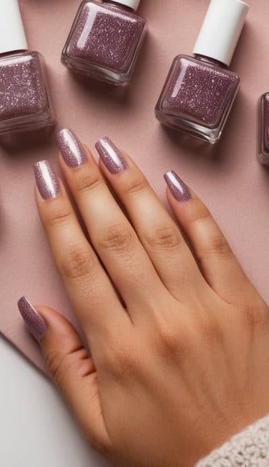 A collection of mauve glitter nail polish bottles arranged on a soft dusty pink background, surrounded by various nail art tools and accessories
