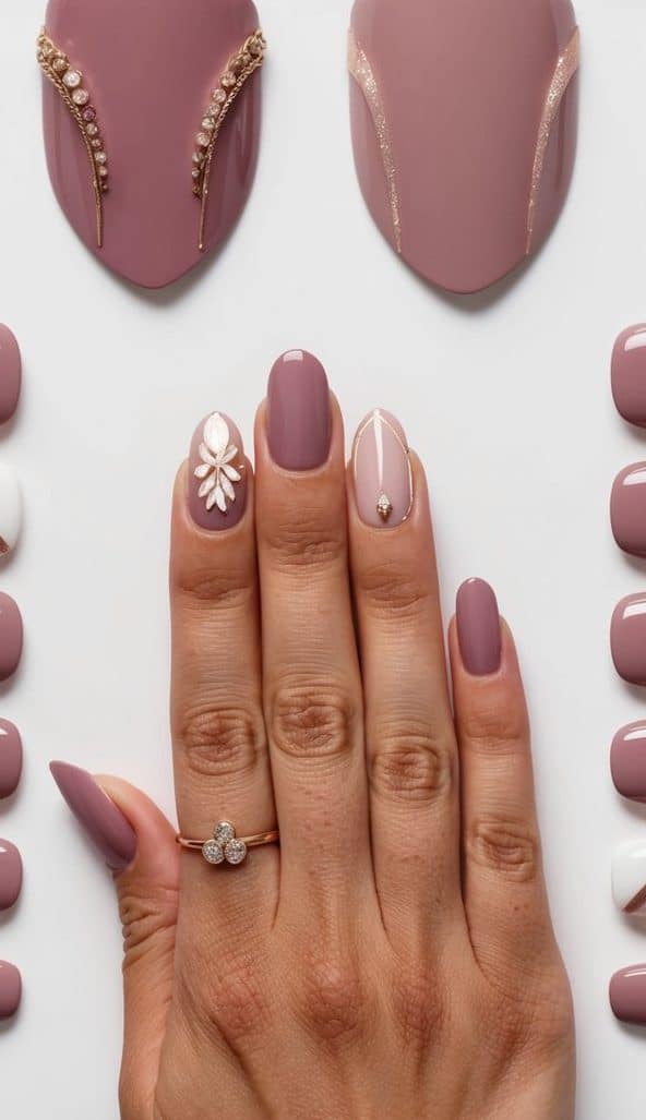 A collection of mauve nail art samples arranged in a grid, showcasing various designs with soft dusty pink hues and neutral accents