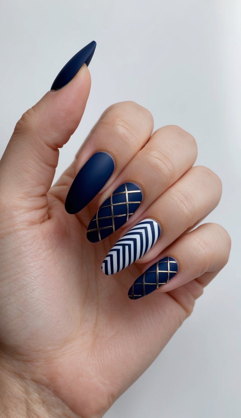 A collection of navy blue nail art designs with geometric patterns in dark midnight tones