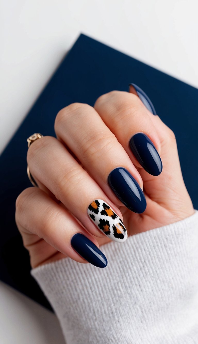 Navy blue nails with animal print accents on a dark background
