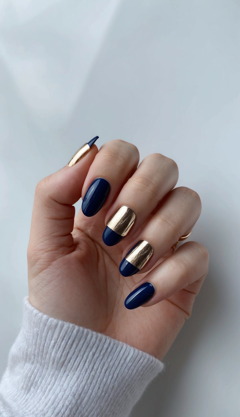 Navy blue nails with metallic foil accents on a sleek, modern background