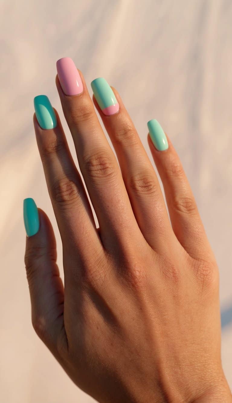 A close-up of mint and pink color block nails against a late summer backdrop of warm, sunlit tones
