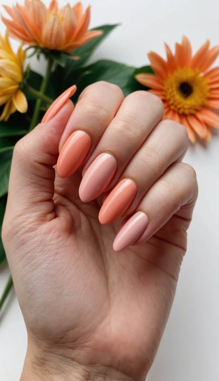A gradient of peachy coral shades on nails, with late summer elements like sunsets or fading flowers in the background