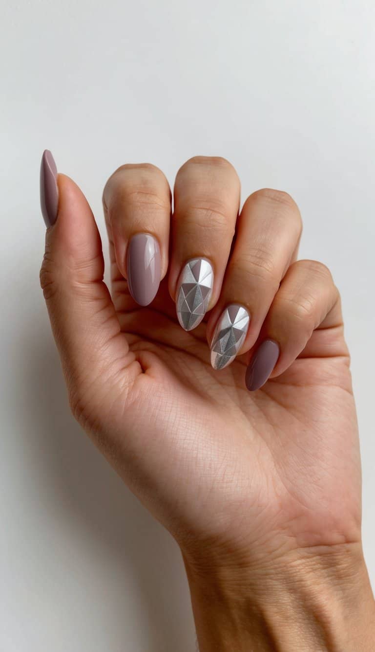 Mauve and silver geometric nail art on a late summer background