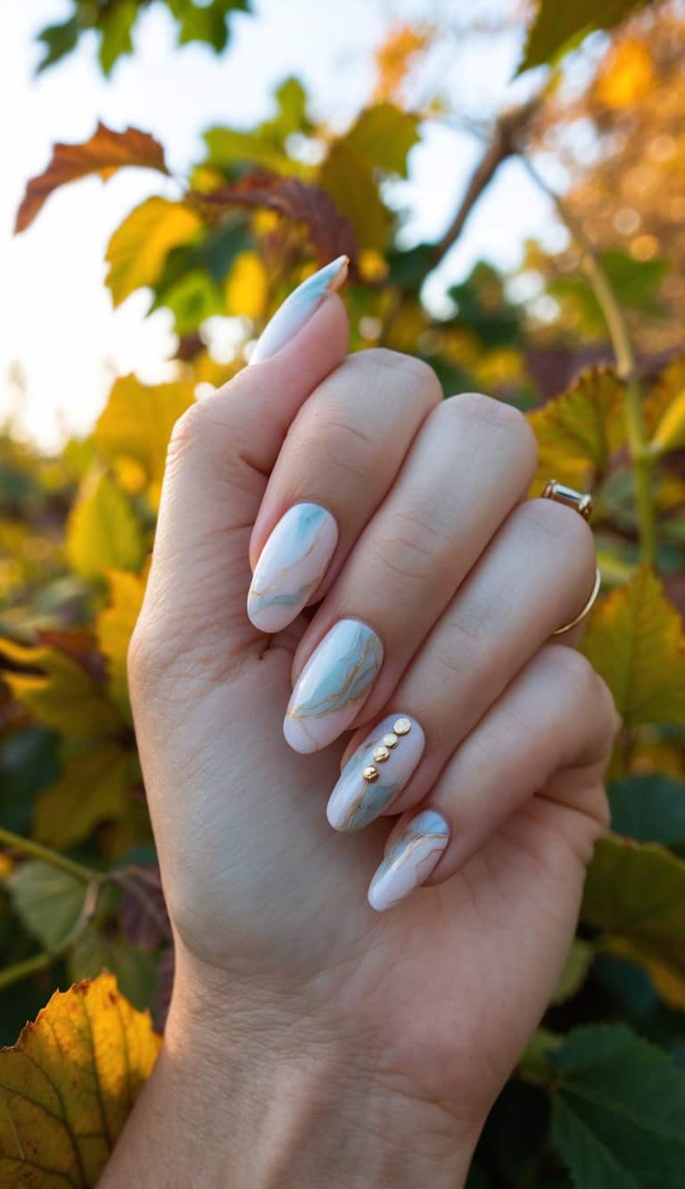 A close-up of nails with a subtle marble effect in late summer colors, surrounded by fall foliage and warm sunlight