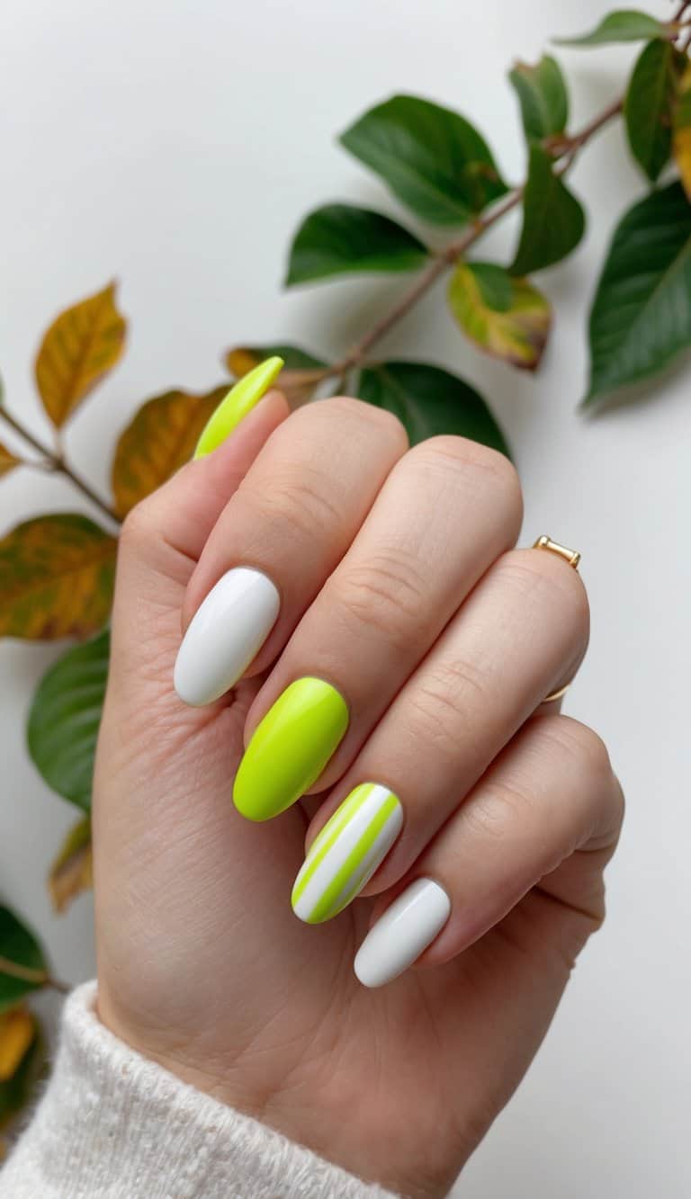 Electric lime and white pops of color on nails, set against a late summer background with hints of transitioning fall foliage