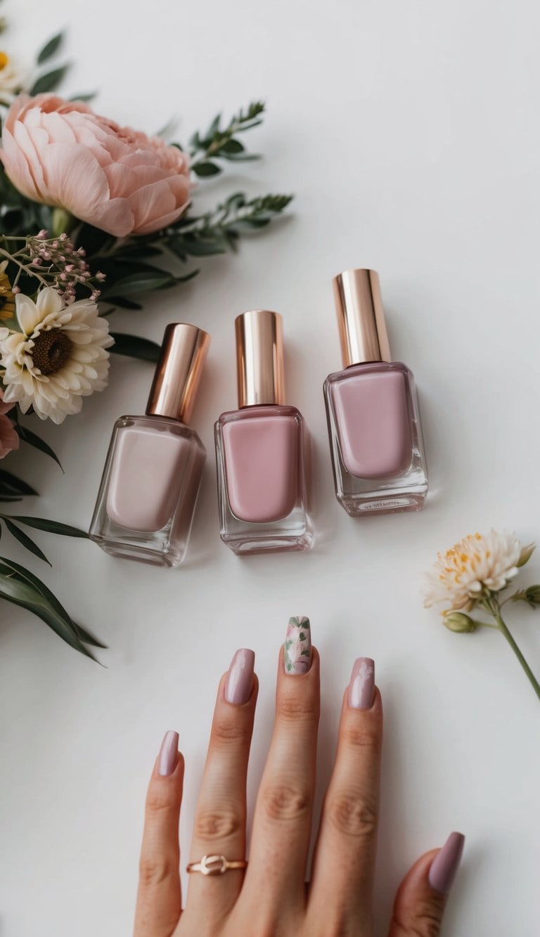 A nail salon table with dusty rose gradient nail polish bottles and late summer floral decorations
