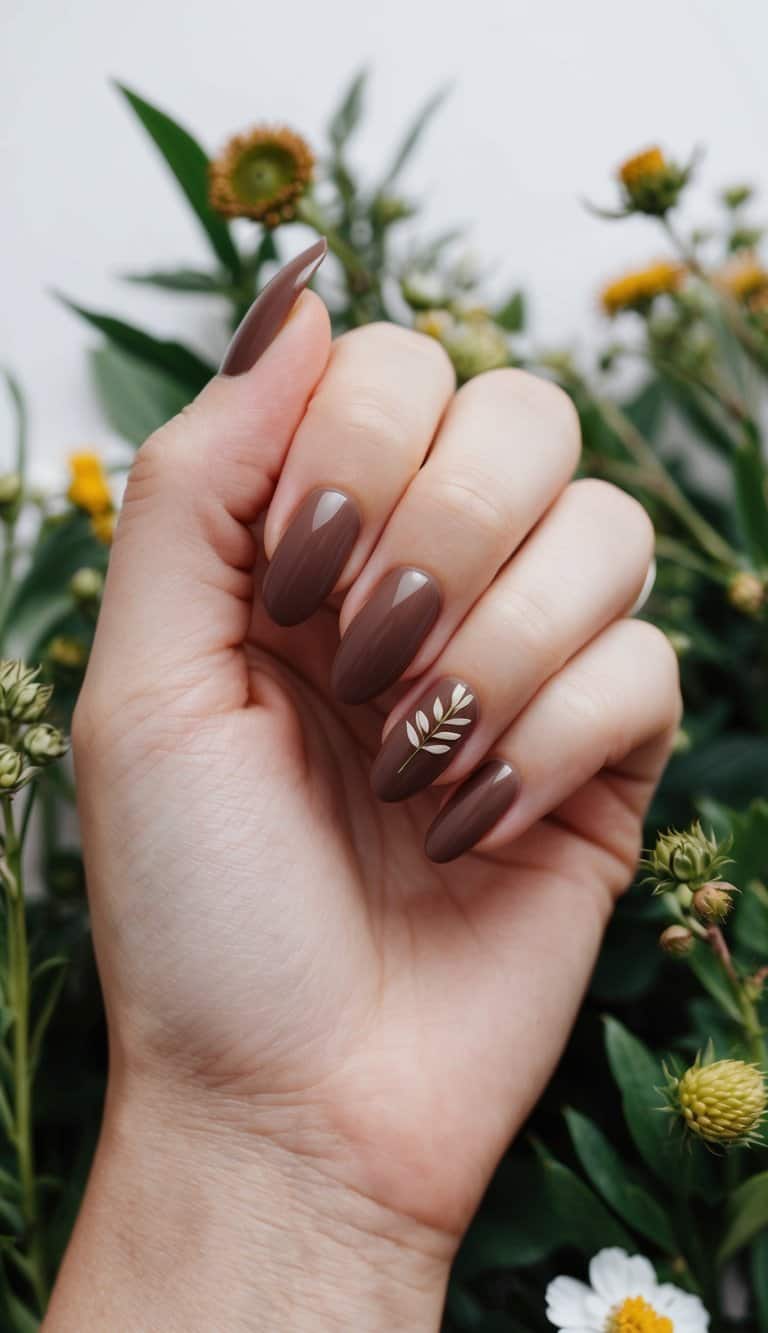 A close-up of a manicured nail with a milk chocolate-colored sheen, surrounded by late summer flowers and foliage