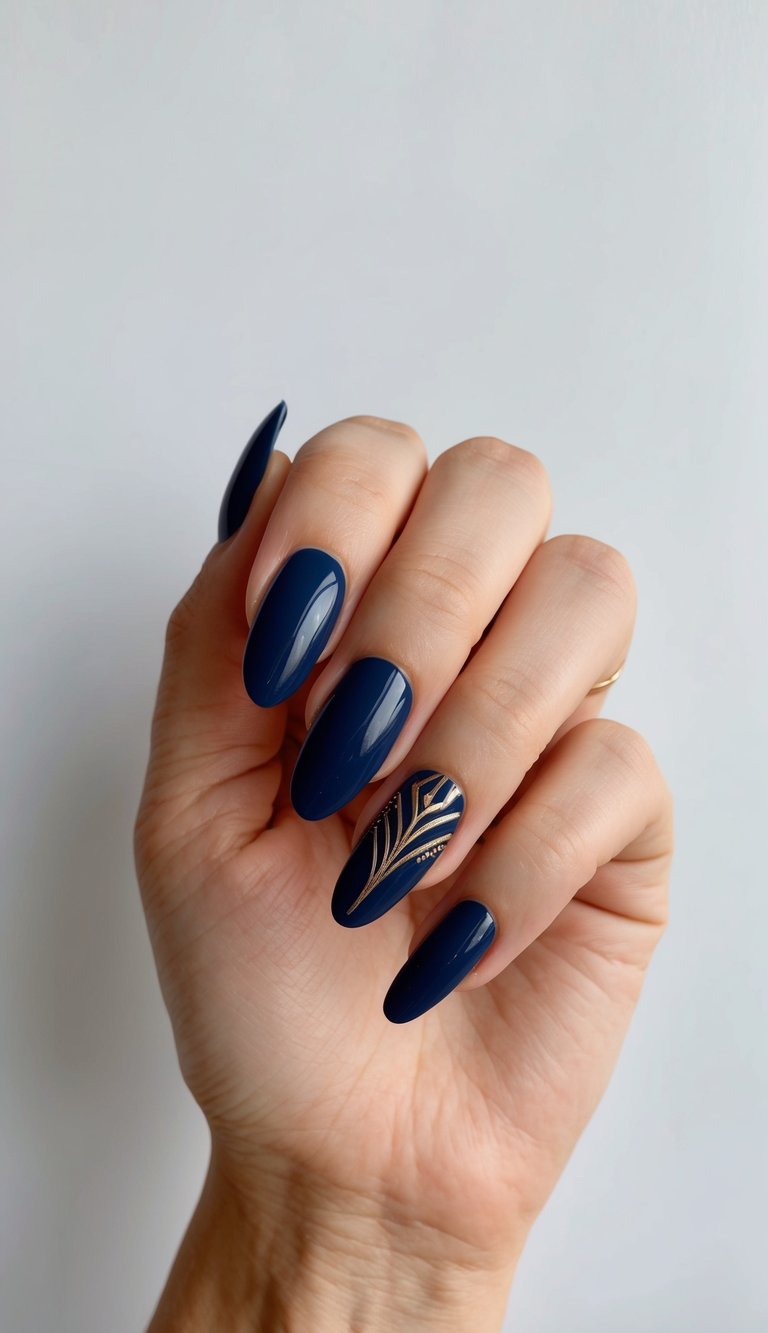 A sleek navy blue nail art design with Art Deco elements