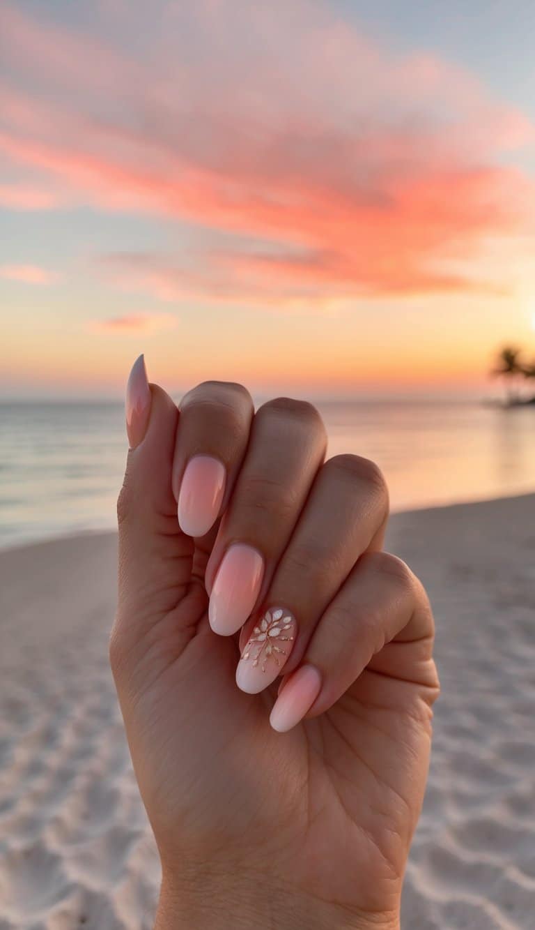 A serene beach at sunset, with coral ombre sky and water, palm trees in the distance, and a warm late summer glow