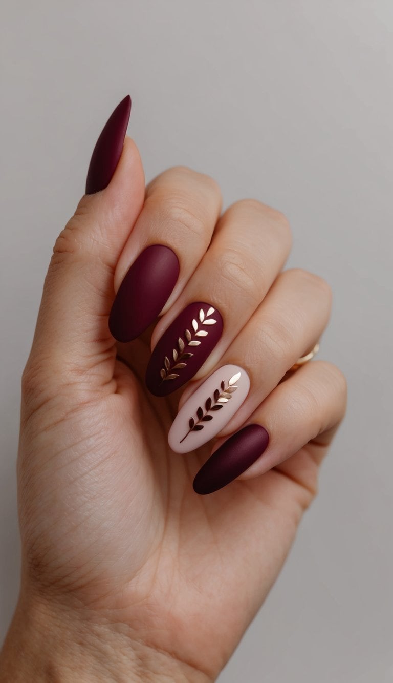A modern maroon nail design with matte burgundy nails, nude accent nails, and gold leaf embellishments, creating a refined and stylish manicure.