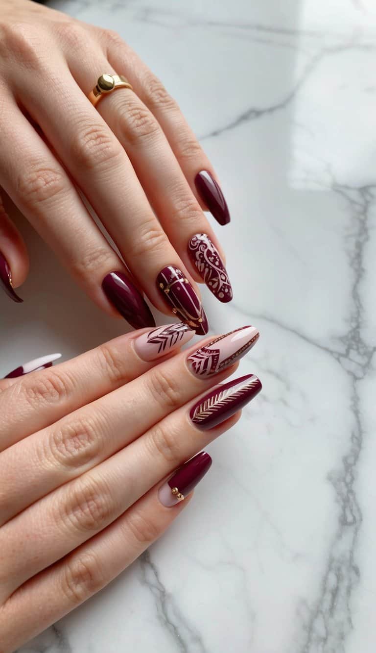 A maroon nail art look with deep burgundy polish and nude accents, featuring gold embellishments and detailed designs for a bold and artistic aesthetic.