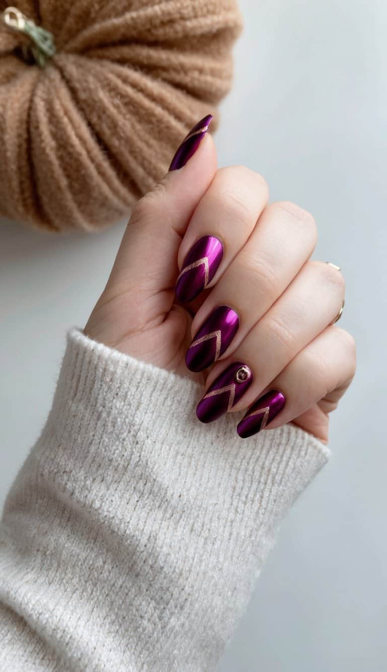 A hand with metallic maroon nail art featuring bold gold chevron patterns and a rhinestone accent, creating a sleek and sophisticated look.
