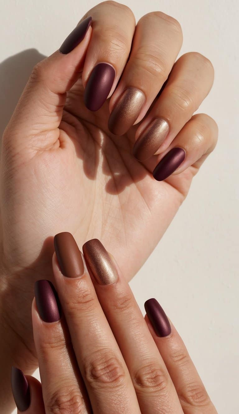 A close-up of matte maroon nail art featuring deep burgundy, warm brown, and metallic bronze nails, creating a chic and elegant autumn-inspired look.