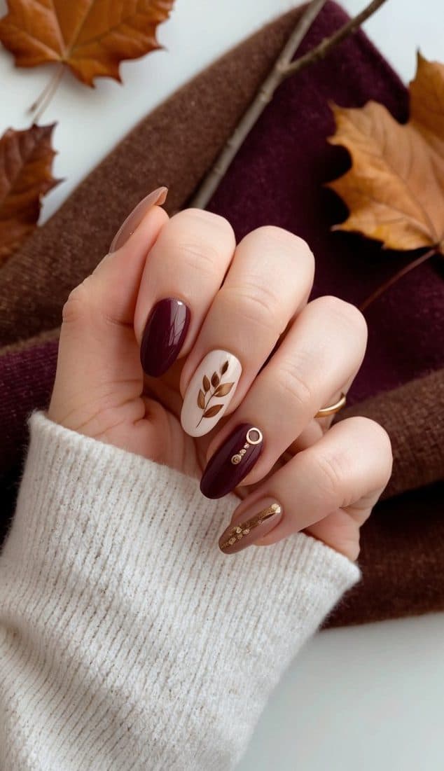 A stylish maroon nail design with glossy burgundy, soft beige, and gold accents, featuring a delicate leaf motif and metallic details for an elegant autumn aesthetic.