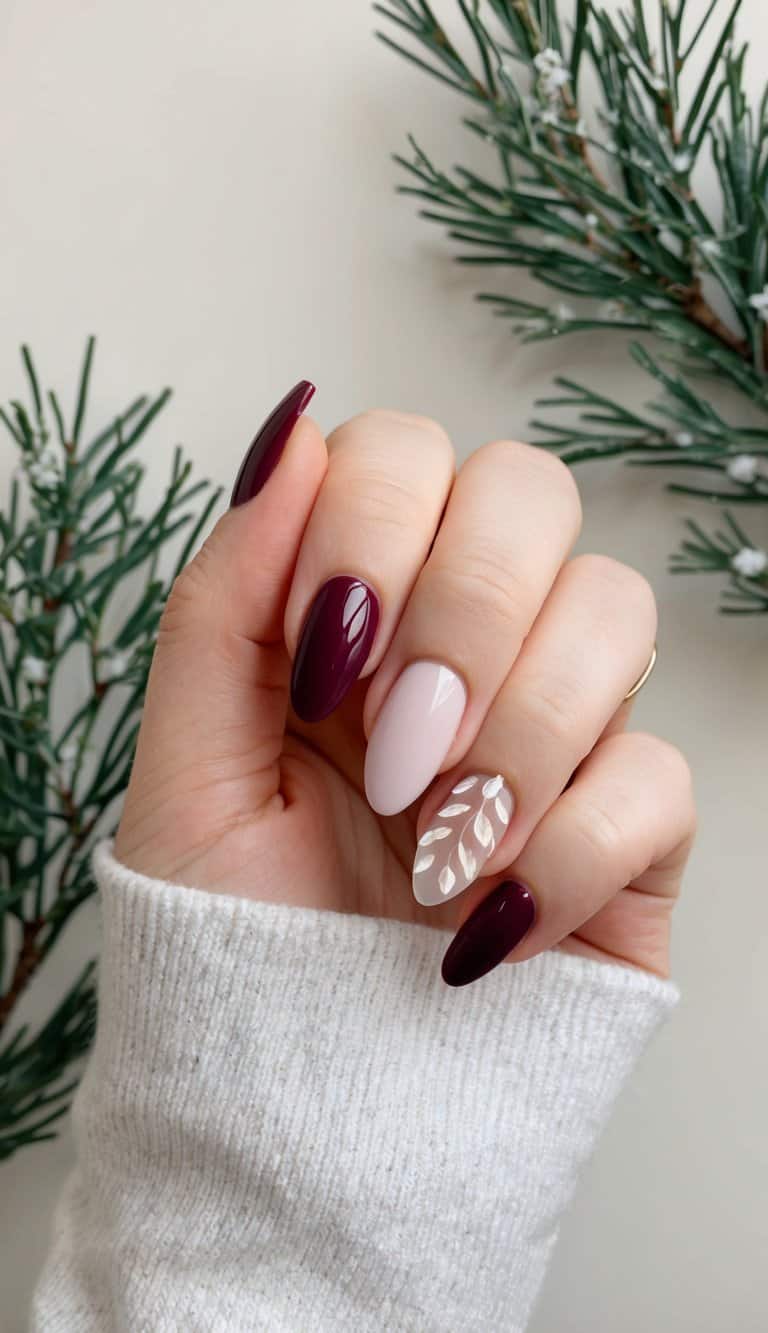 A maroon nail art set with glossy burgundy and soft nude nails, featuring a transparent accent with delicate white leaves for a modern and minimalist style.