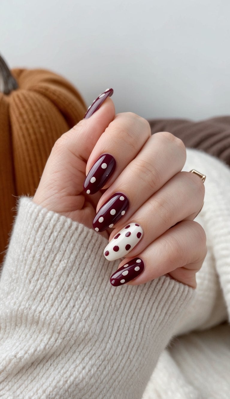A hand showcasing maroon nail art with glossy burgundy and white nails, featuring playful polka dot patterns for a fun, vintage-inspired look.