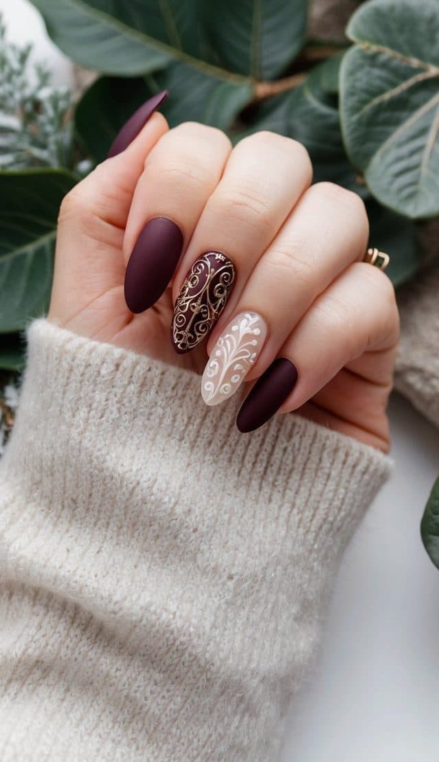 A maroon nail art set featuring deep matte burgundy, gold swirling designs, and white floral details, creating an artistic and elegant manicure.