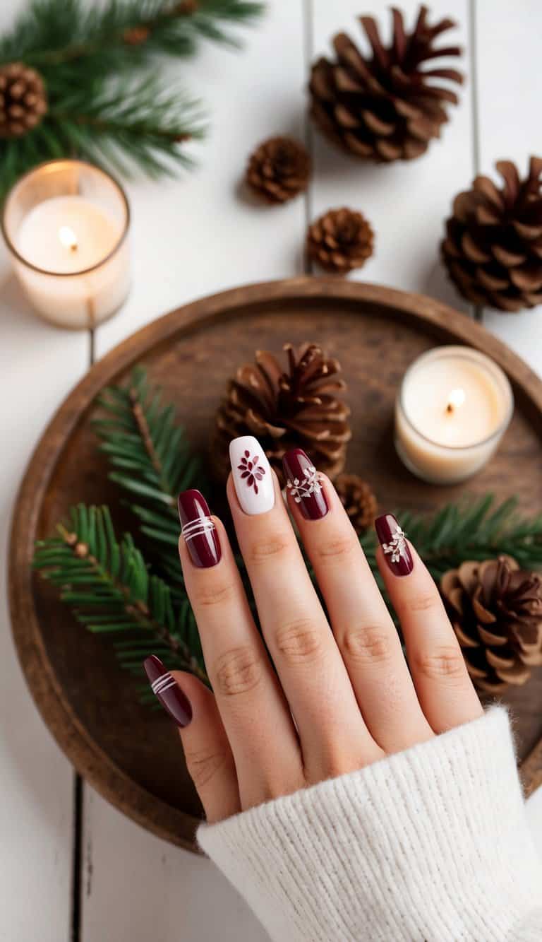 A hand showcasing maroon nail art with deep burgundy polish, white stripes, and a delicate leaf design on an accent nail, creating an elegant and festive manicure.