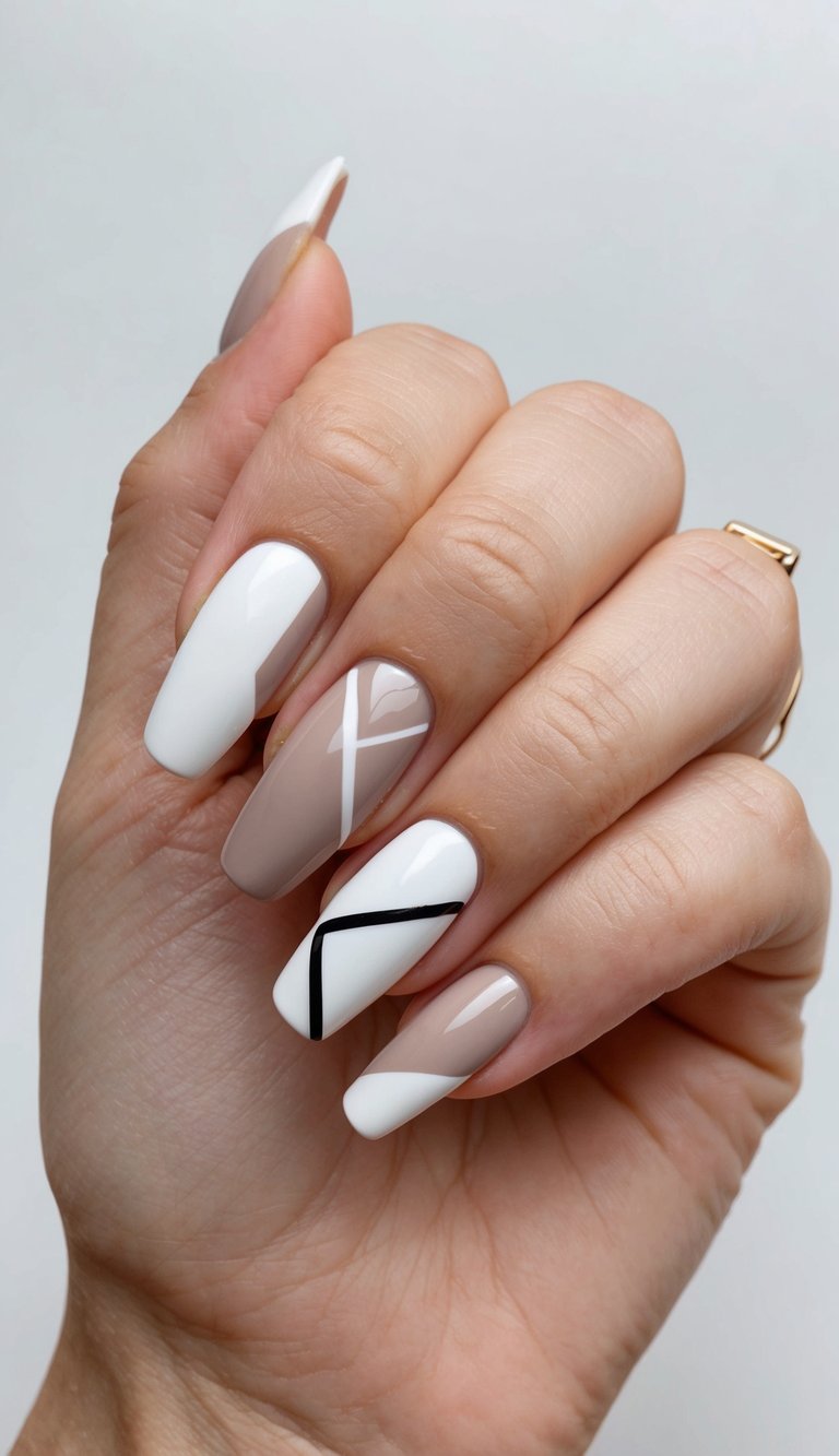 A clean, modern nail art design featuring simple geometric shapes and a neutral color palette