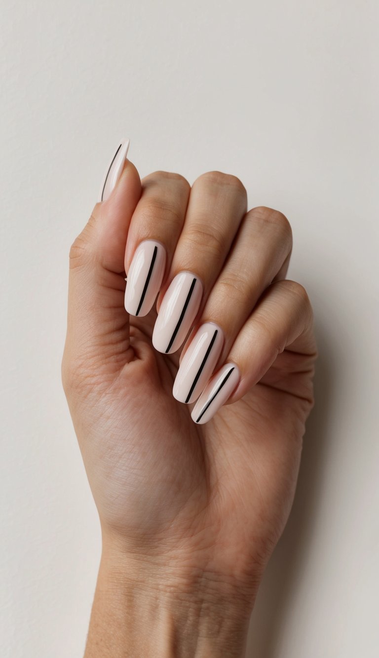 A hand with outlined French tips against a neutral background