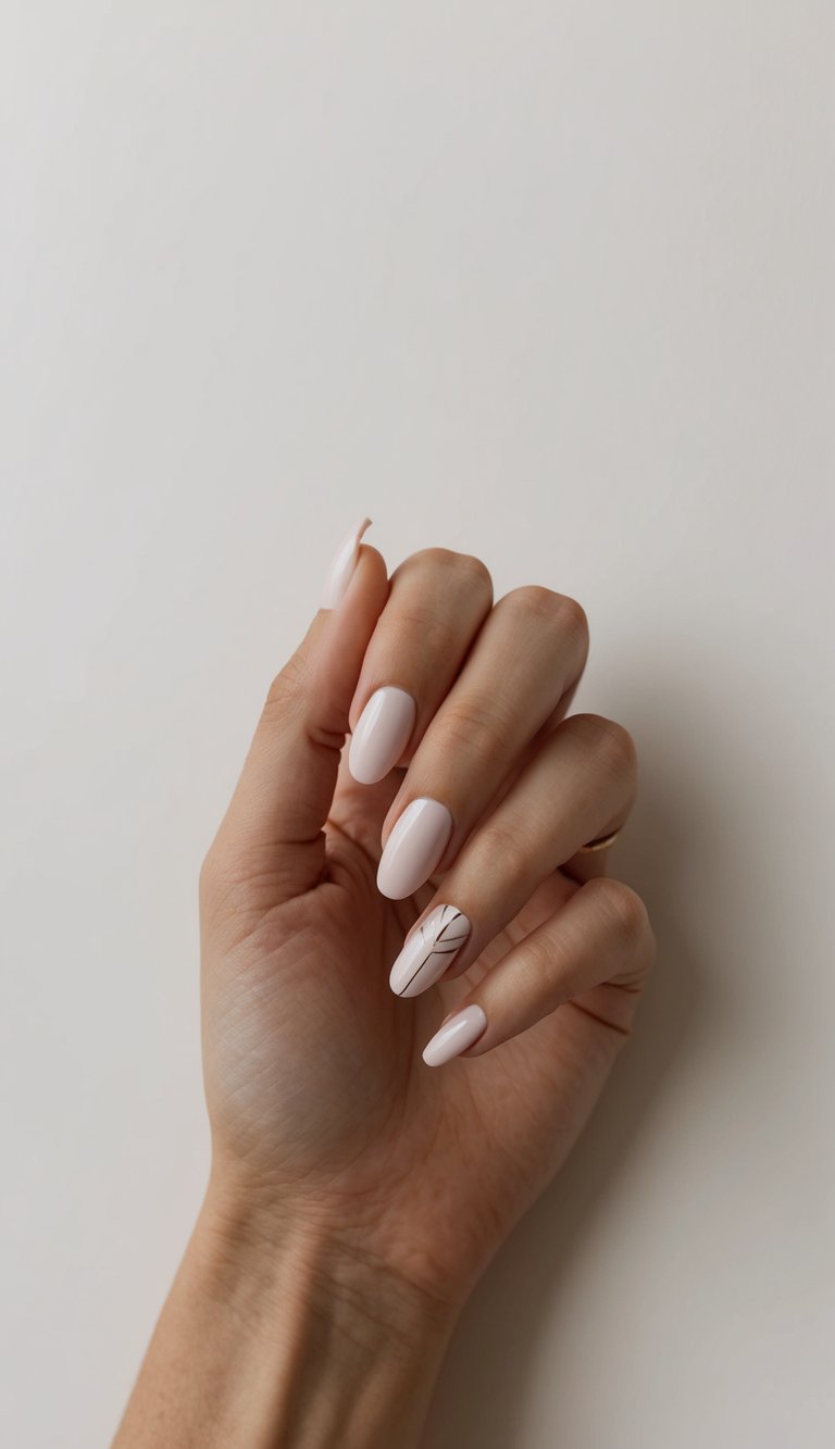 A hand with minimalist nail art against a clean, neutral background