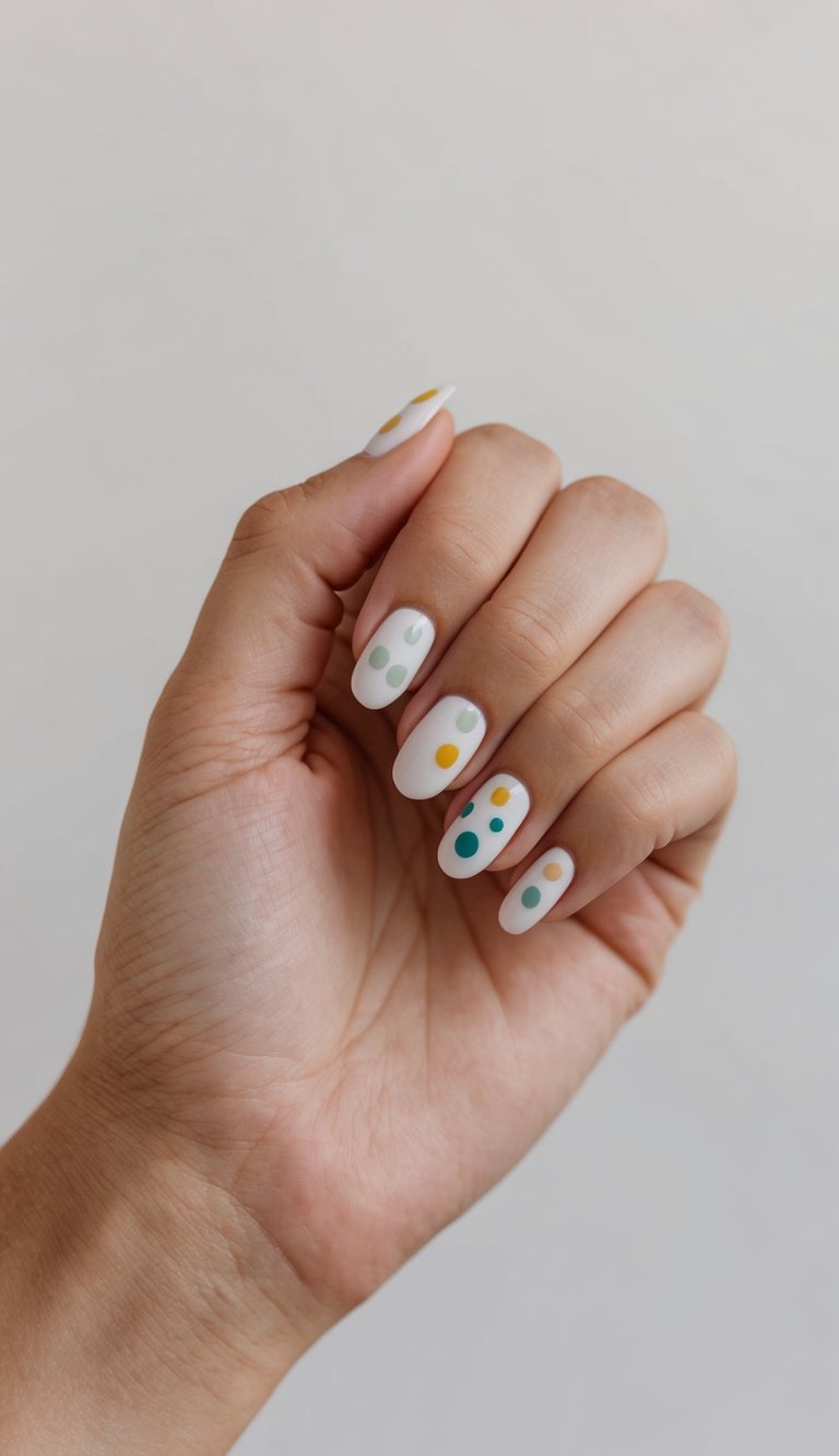 A close-up of neatly manicured nails with a simple dot design in various colors against a clean, neutral background