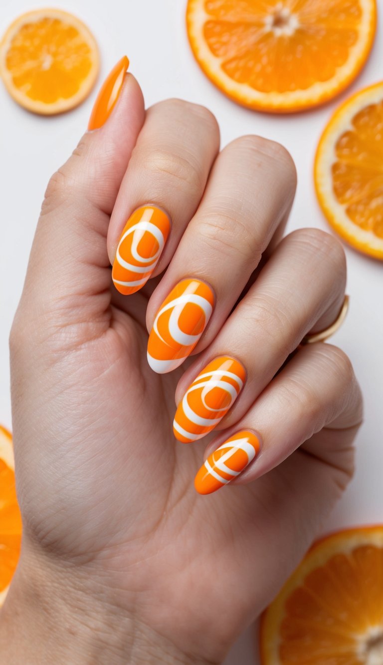 Bright orange nails decorated with playful white swirls, inspired by retro patterns and citrusy fun.