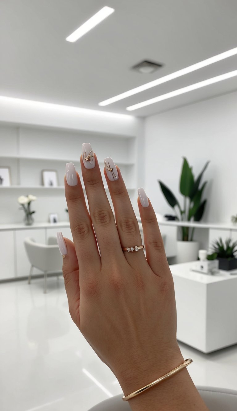 A sleek, modern nail salon with minimalist decor and clean, simple nail art designs on display