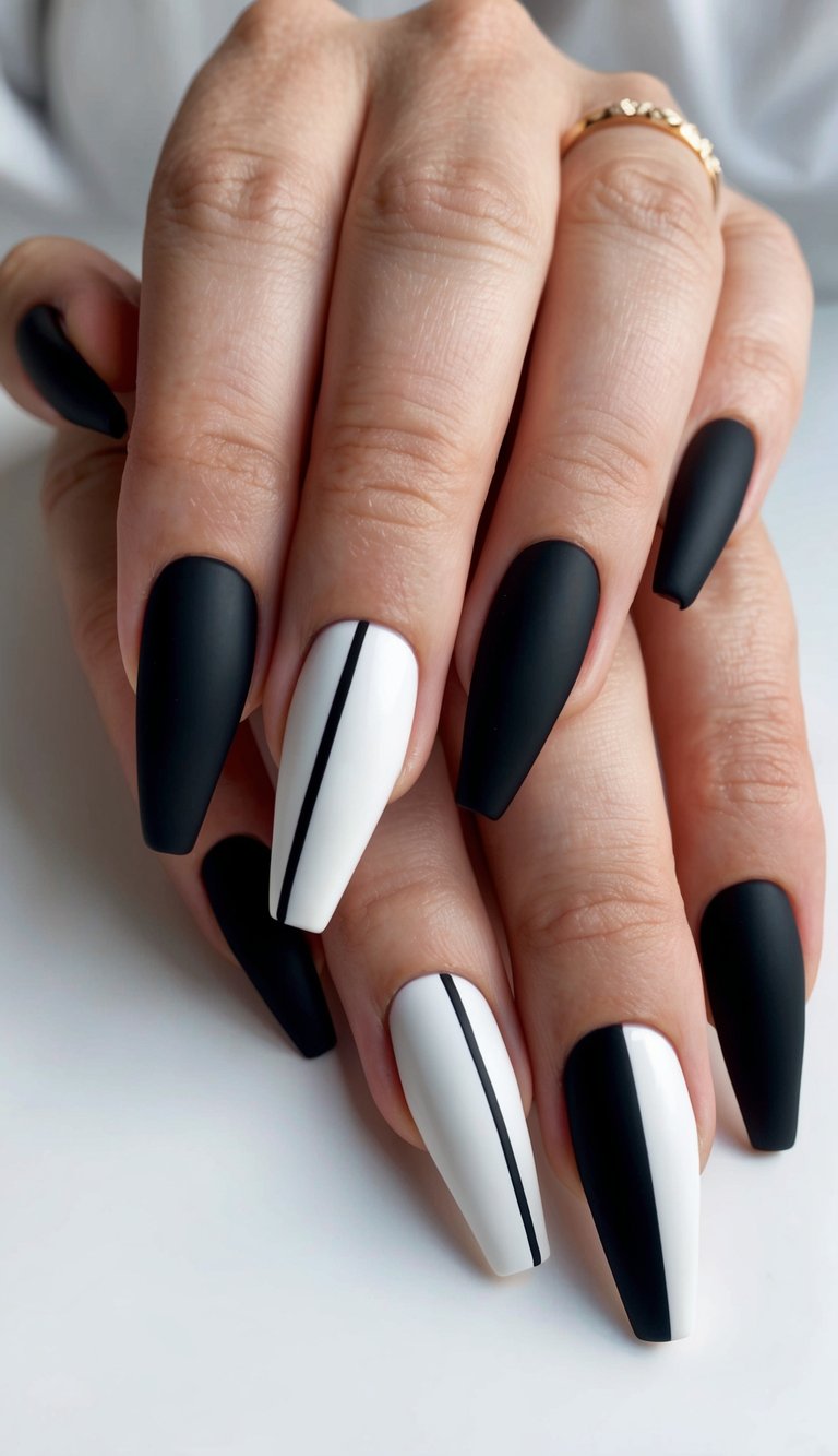 A sleek black and white nail design with clean lines and geometric shapes, exuding sophistication and minimalistic elegance