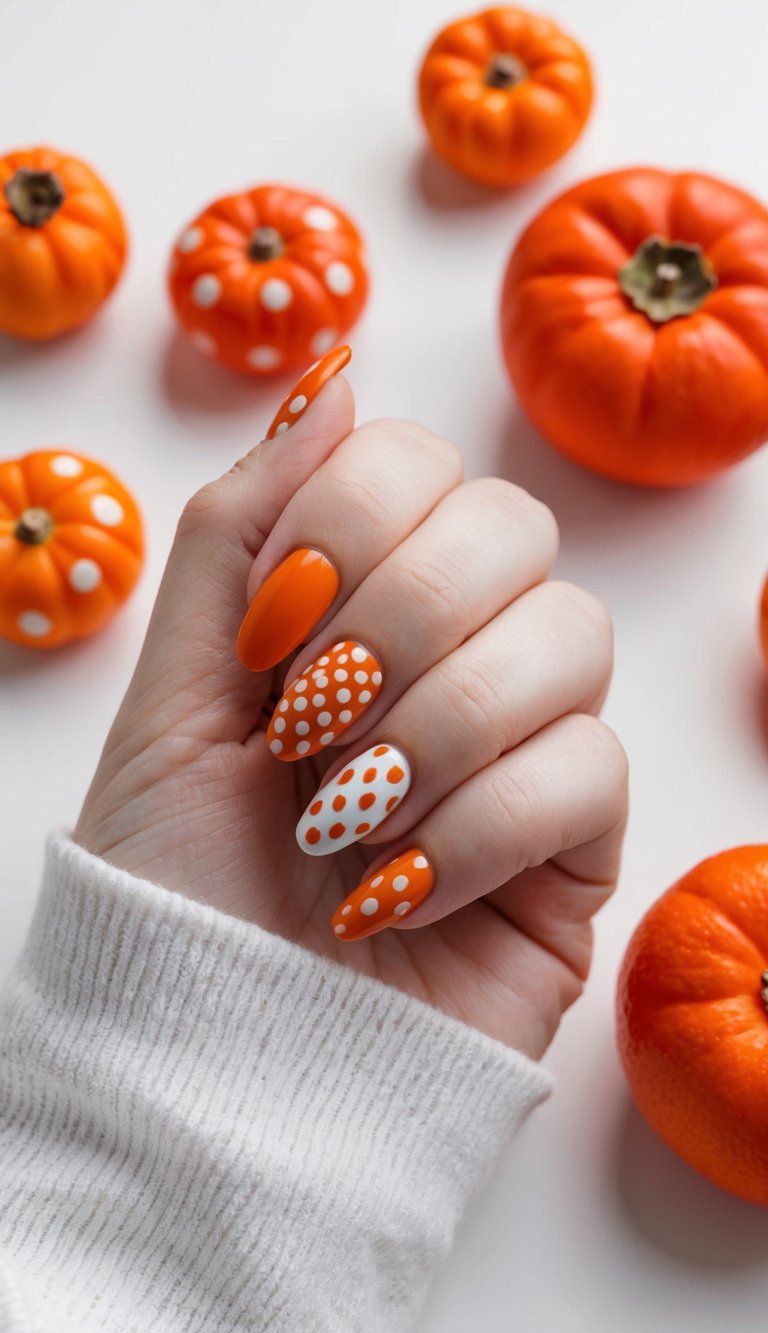 Orange and white nails decorated with playful polka dots, styled for a fun, fall-inspired pumpkin-themed nail art look.