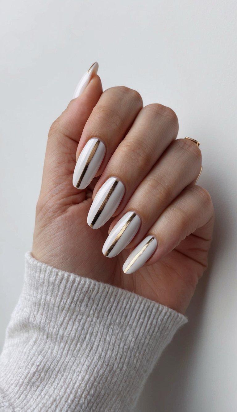 A hand with a single stripe of nail polish in a chic and minimal design
