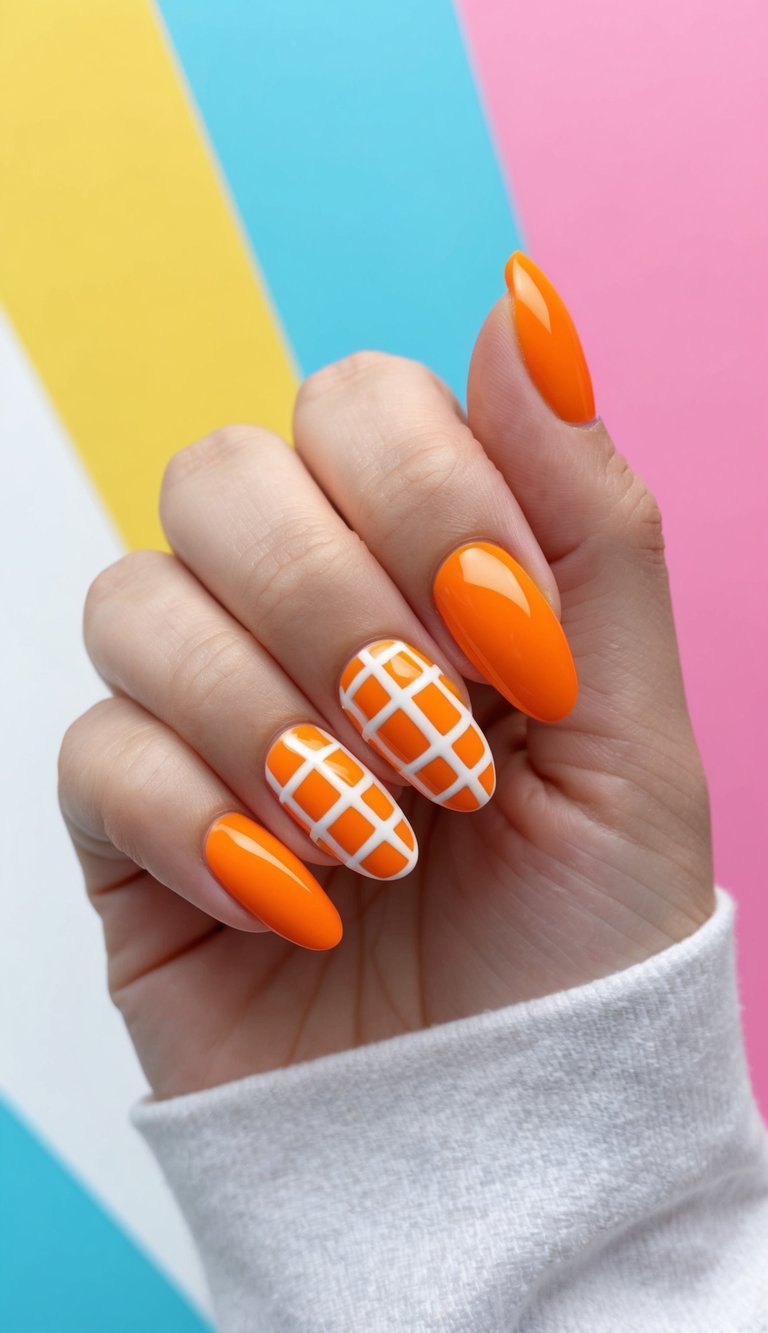 Bold orange nails with crisp white grid art on two accent nails, offering a fun and graphic twist to orange nail designs.
