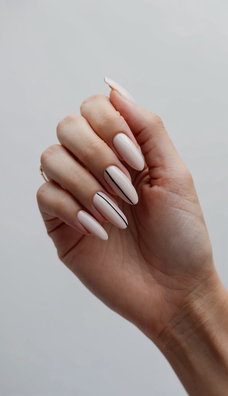 A sleek, modern nail art design featuring barely-there color and clean lines