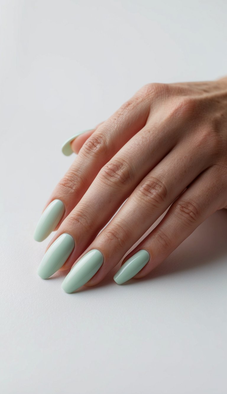 A sleek hand with mint-colored nails against a clean, white background, showcasing minimalist nail art