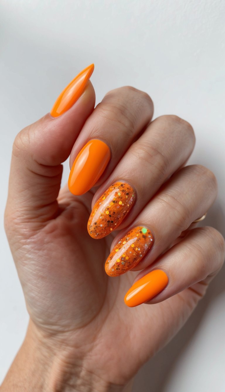 Neon orange nails with two glitter-filled accent nails, ideal for a fun, festive orange nail design.