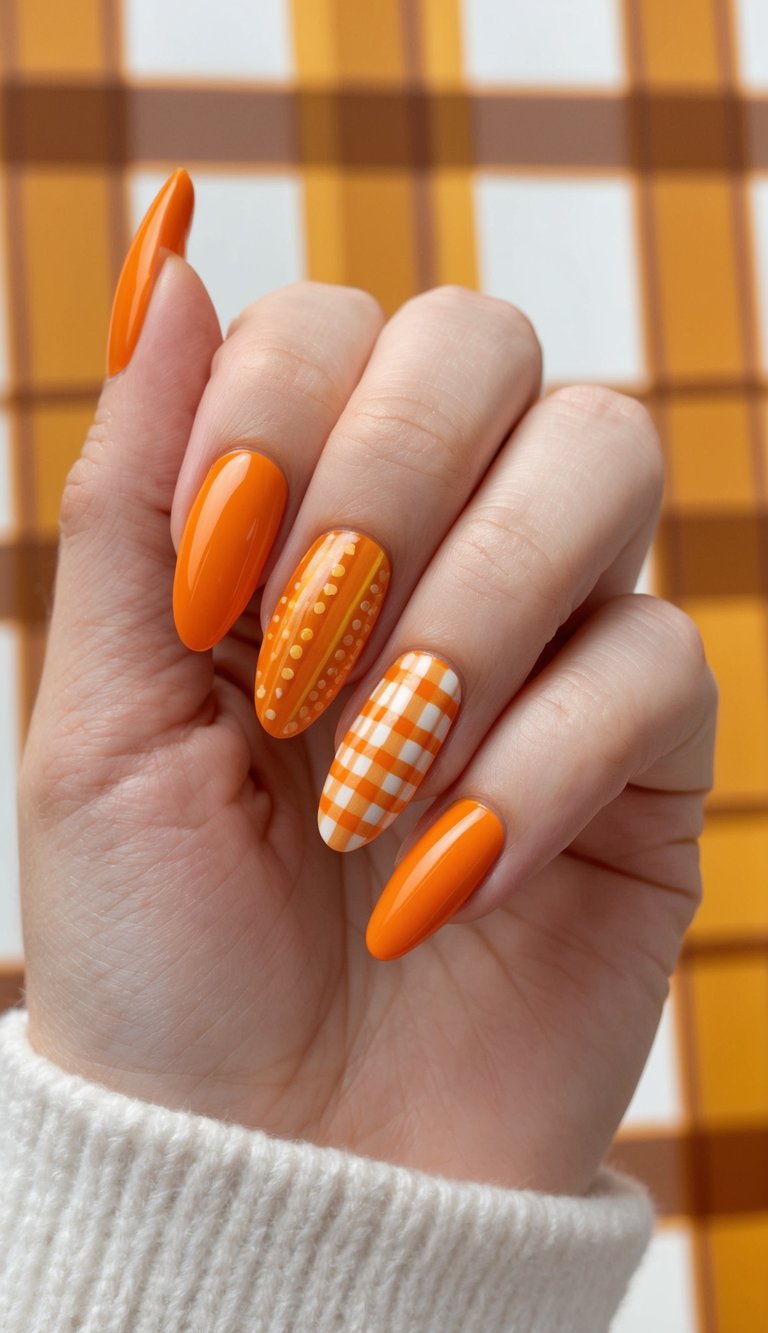 Orange nails with polka dots and a white gingham accent, styled with fall-inspired charm and cozy texture.