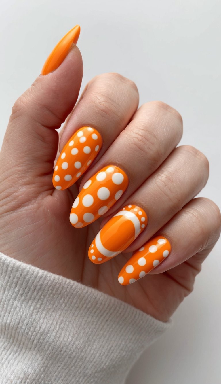 Vibrant orange nails decorated with large and small white polka dots and graphic circles, channeling a retro-inspired nail look.