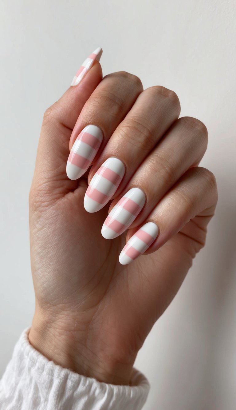 A clean, classic nail design featuring alternating pink and white stripes with a glossy finish