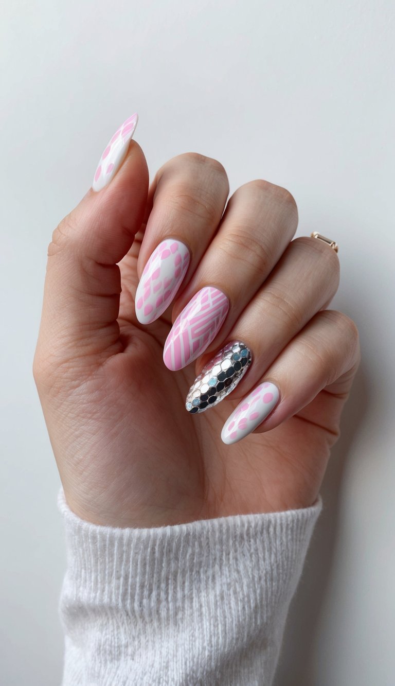 A pink and white nail art palette with disco-inspired patterns and designs