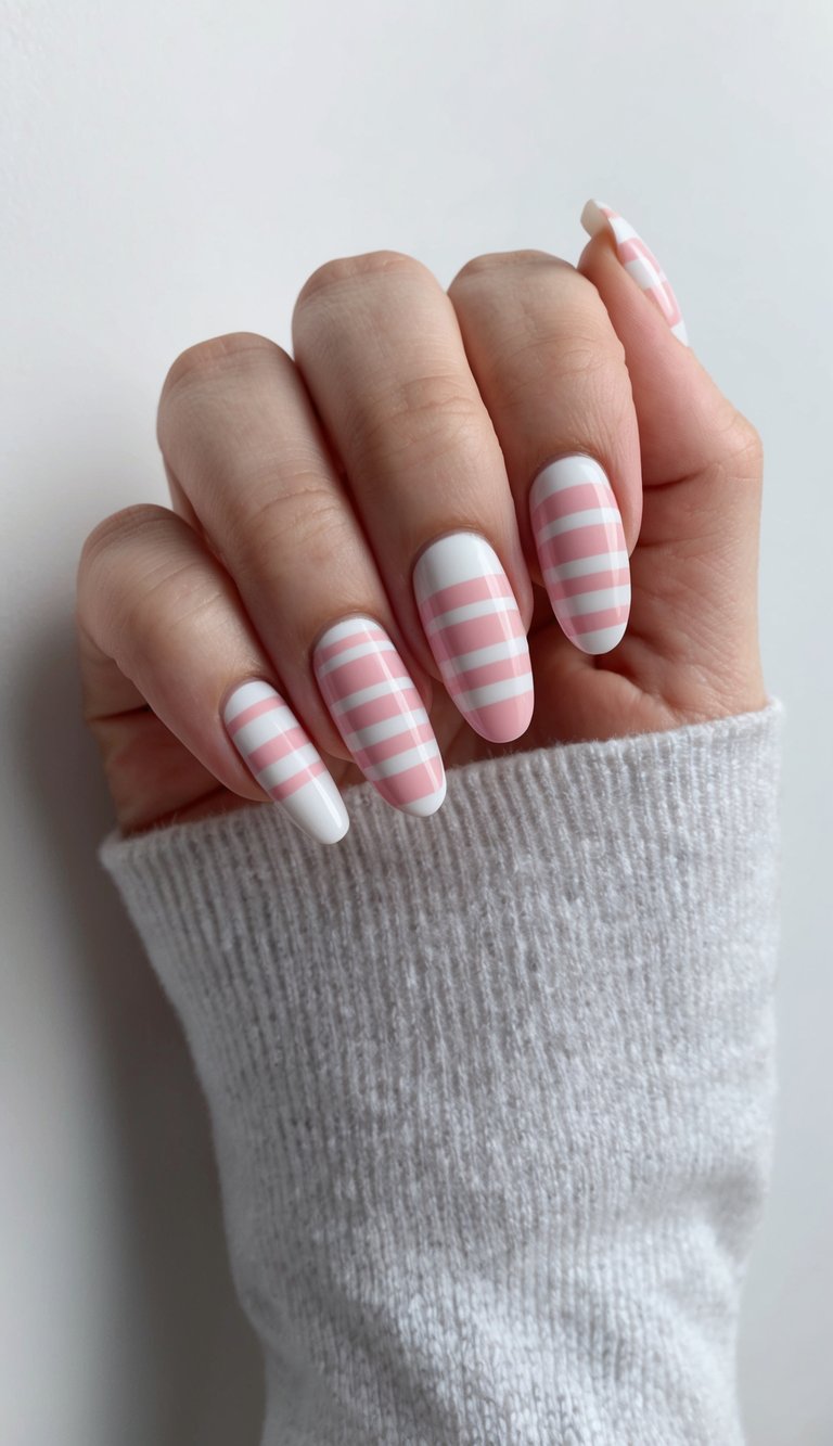 A clean, minimalist nail art design with alternating pink and white patterns