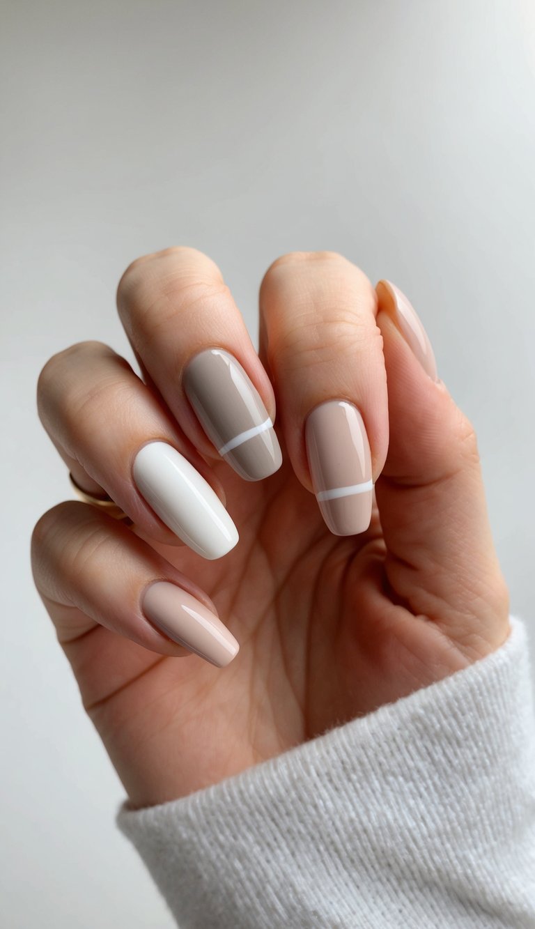 A clean, modern nail design featuring a simple V-shape in neutral colors