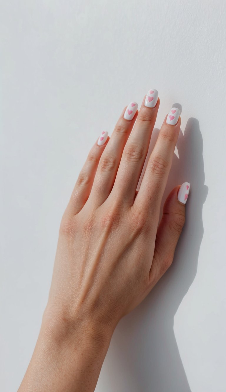 A delicate hand with pink and white nails, adorned with tiny heart accents, against a clean, minimalist backdrop