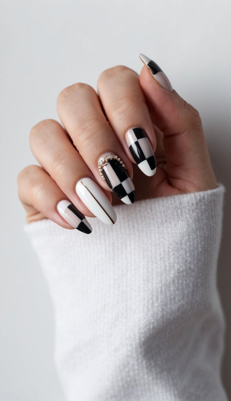 A sleek checkerboard nail design with minimal accents in chic colors